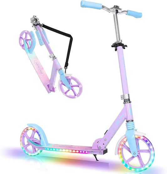 BELEEV V5 Plus Scooters for Kids Ages 6+, Teens with Light-Up Wheels & Deck, 2 Wheel Folding Lightweight Sport Scooter with 4 Adjustable Height, 8-inch Big Wheels, Carry Strap, Max Load 220 lbs