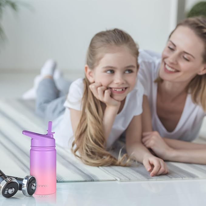 Mininoo Insulated Kids Water Bottle, 12 oz Stainless Steel Water Bottle Kids with Straw Lid and Chug Lid for Girls, Boys (Purple/Pink)