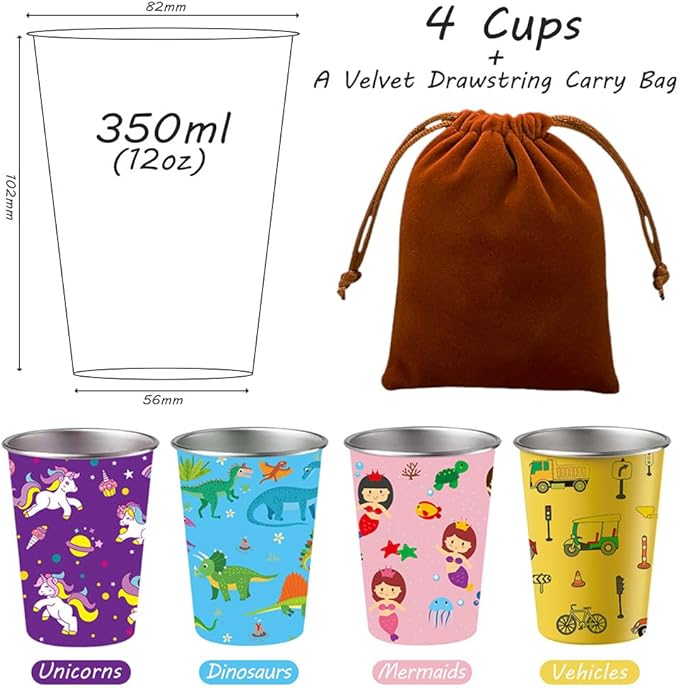 LOZACHE Stainless Steel Kids Cups, 4 Pack 12oz Metal Drinking Pint Cup with Fun Prints (Unicorn, Mermaid, Dinosaur, Vehicles), Stackable Drinking Glasses, BPA Free, Reusable for Home Party Camping