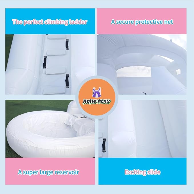16FT White Inflatable Water Slide 100% Thickened PVC Swimming Pool Tool Heavy-Duty Outdoor Swimming Pool Party Entertainment Equipment with Slide and Reservoir (Equipped with Air Pump and Water Pipe)