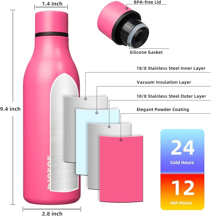 BJPKPK Insulated Water Bottles, 18 oz Stainless Steel Metal Water Bottle with Strap, BPA Free Leak Proof Thermo, Mugs, Flasks, Reusable Water Bottle for Sports & Travel, Pink