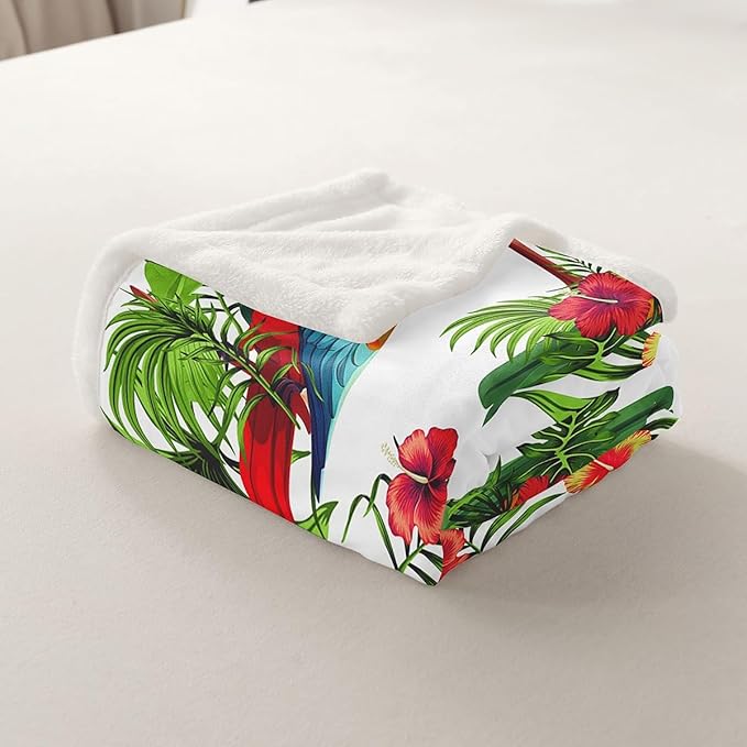 Palm Leaves Fleece Throw Blanket Parrots Plush Blanket for Kids Boys Girls Tropical Exotic Birds Sherpa Blanket Hibiscus Flowers Fuzzy Blanket for Sofa Bed Couch, Colorful Room Decor Baby 30x40 Inch