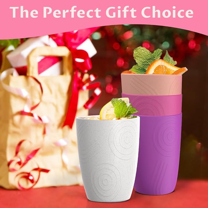 Homienly Drinking Glasses Wheat Straw Cups, Water Cup Set of 4, Reusable Cups, Unbreakable Plastic Drinking Cup, Dishwasher and Microwave safe, Cups for Kids - Flower Color