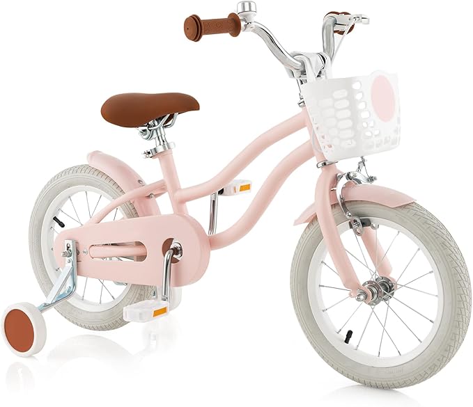 COSTWAY Kids Bike, 12 14 16 18 Inch Toddler Bike Children Bicycle w/Training Wheels, Hand & Coaster Brakes, Adjustable Saddle & Handlebar, Basket, Bell, Kids Bicycle for Girls Boys Aged 3-8 Years Old