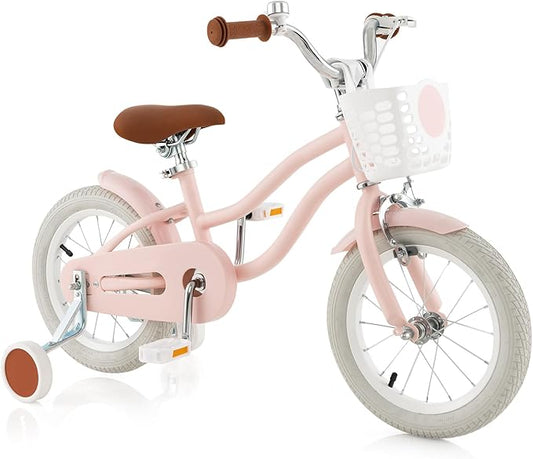 COSTWAY Kids Bike, 12 14 16 18 Inch Toddler Bike Children Bicycle w/Training Wheels, Hand & Coaster Brakes, Adjustable Saddle & Handlebar, Basket, Bell, Kids Bicycle for Girls Boys Aged 3-8 Years Old