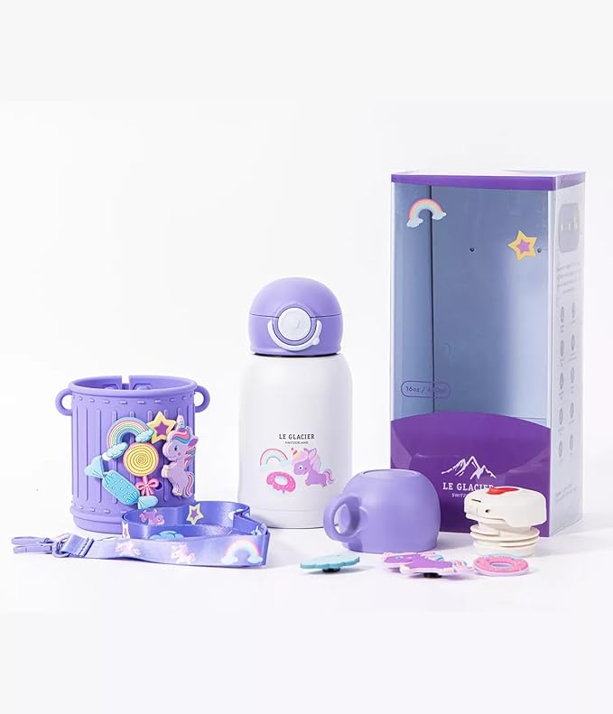 Kids Insulated Tumbler Set – 16 oz Stainless Steel Bottle with 2 Lids (Straw + Pour), Screw-On Cup, Adjustable Strap, Silicone Sleeve + 8 Charms – BPA-Free, Gift-Ready (Unicorn)