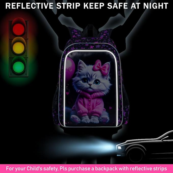 CCJPX 3Pcs Cat Backpack for Girls, 16” Kids Bookbag with Lunch Box, Water Resistant Elementary School Bag for Kindergarten Preschool Toddler (Black)