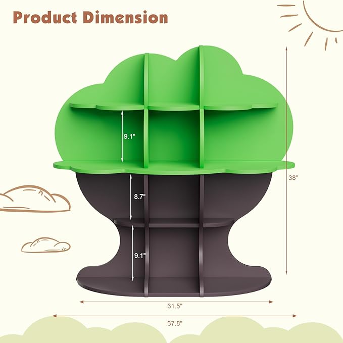 Green Tree Kids Bookshelf Toddler Bookcase 4-Tier Baby Book Rack Children Toy Storage Organizer Forest Wood Display Shelf for Nursery Playroom Bedroom Classroom School Homeschooling Boy Girl’s Gift