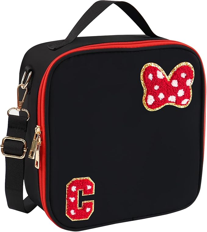 Preppy Initial Bow Mouse Lunch Bag, Kids Insulated Lunch Box Gifts for Teen Girls Daughter, Reusable Soft Lunch Containers Crossbody Cooler Bag Must Haves for Park Travel School Work Picnic Black C