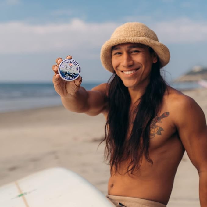 Badger Biodegradable Reef Safe Sunscreen, SPF 50 Mineral Sunscreen, 98% Organic Ingredients, Unscented, Water Resistant Adventure Sport Sun Cream, Travel Size 2.4 oz Tin