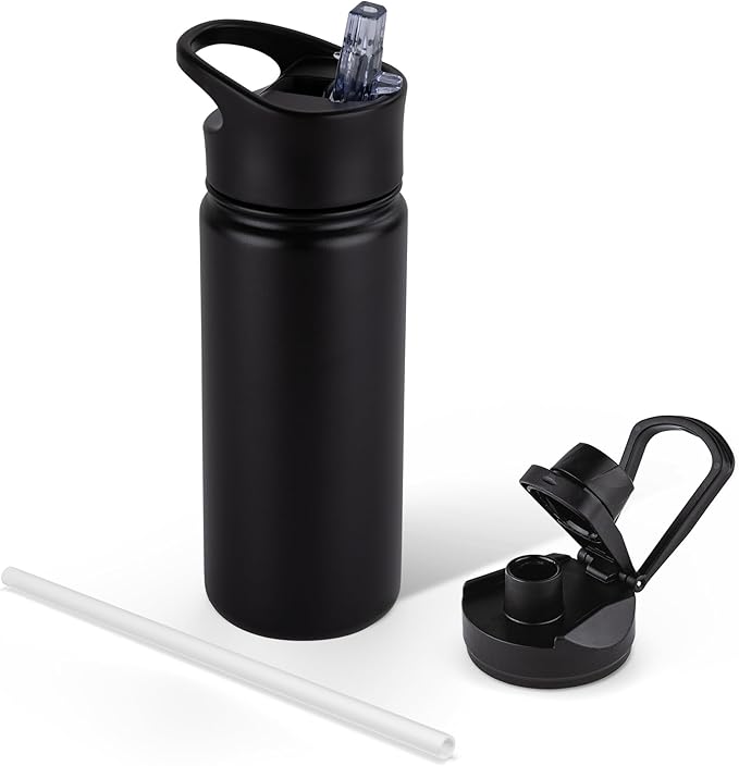 16 oz Insulated Water Bottle for School, Straw & Spout Lid, Keep Cold 24H, Spill Proof, BPA-Free, Double Wall Stainless Steel Kids Water Bottles for Sports, Gym, Travel, Black