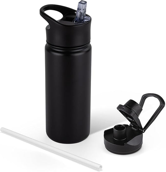 16 oz Insulated Water Bottle for School, Straw & Spout Lid, Keep Cold 24H, Spill Proof, BPA-Free, Double Wall Stainless Steel Kids Water Bottles for Sports, Gym, Travel, Black