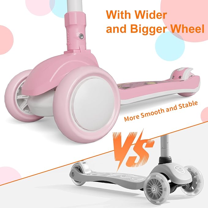 Kick Scooter Kids with LED Lighted Wheels and 3 Adjustable Height, Lean-to-Steer & Widen Anti-Slip Deck, 3 Wheel Scooter for Boys & Girls Up to 110 Lbs