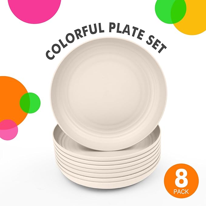 Homienly Wheat Straw Plates 8 PCS Unbreakable Dinner Plates - 10 inch Dishwasher & Microwave Safe Plastic Plates Reusable Lightweight Roud Plates, Plates for Kitchen, Dinner, Outdoor,Picnic (Beige)