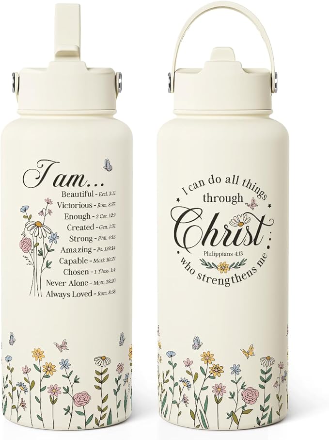 Christian Inspiration Water Bottle 32oz Stainless Steel with Lid & Straw, Inspirarional Insulated Bottles for Women Girls, Religious Inspirational Gift Idea for Birthday Christmas