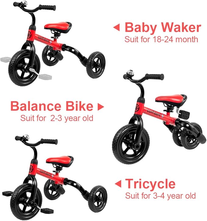 YGJT 3 in 1 Tricycle for Toddlers Age 2-5 Years Old, Folding Kids Balance Bike with Adjustable Seat and Removable Pedal, Toddler Bike Ride-on Toys for Infant, Gifts for Baby Boys Girls Birthday(Red)