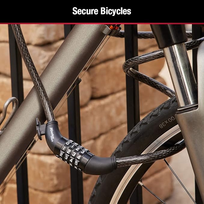 Master Lock Black Set Your Own Combination Bike Lock, Metal Cable Lock has a Weather Resistant Vinyl Coating for Outdoor Durability, 5 Feet Long, 8370D
