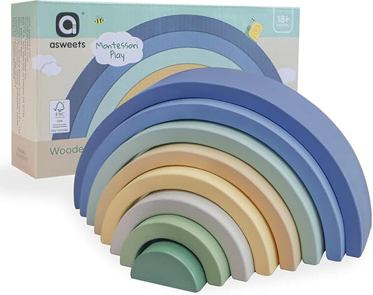 Asweets Wooden Stackable Rainbow Toy, 8 PCS Wooden Building Blocks Set for 1 2 3 Baby, Kids and Toddlers, Montessori Rainbow Nesting Puzzle, Best for 18M+, Cognitive Development (Blue)