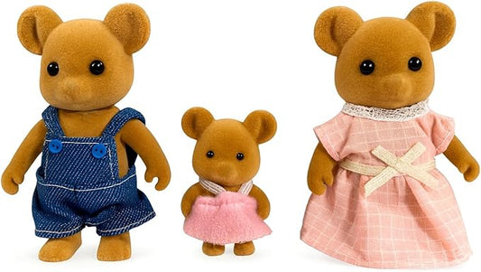 Family Brown Mouse Figures — Set of 3 Collectible Flocked Mini Dolls with Removable Clothes, Miniature Dollhouse Pretend Play Figures for Kids Ages 3+