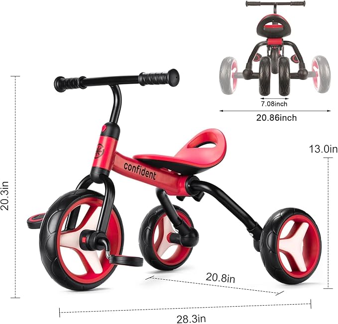 YGJT 4 in 1 Tricycle for Toddlers Age 2-5, Folding Toddler Bike Kids Trike Tricycles with Adjustable Seat and Removable Pedal, Baby Balance Bike Ride-on Toys Gift for Baby Boys Girls Birthday