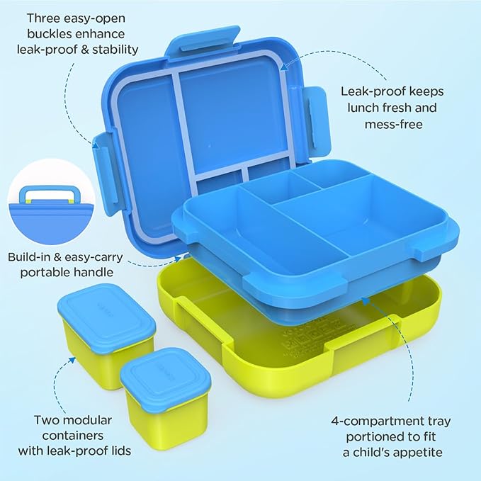 Caperci Bento Lunch Box for Kids - Large 4.8 Cups Lunch Container with 2 Modular Containers - 4 Compartments, Leak-Proof, Portable Handle, Microwave/Dishwasher Safe (Blue/Juicy Pear)