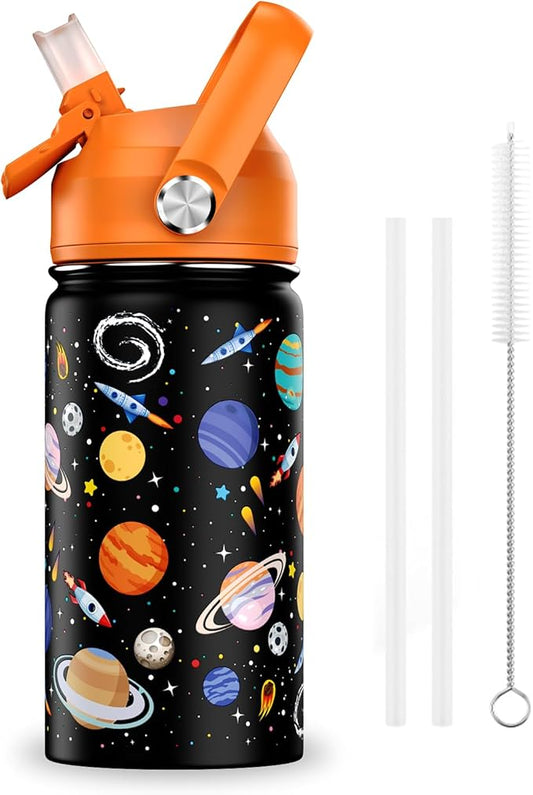 14oz Kids Insulated Water Bottle with Straw Lid - 18/8 Stainless Steel Kid Cup Travel Tumbler Double Wall Vacuum Leak Proof Portable Toddler Water Bottle (Space)