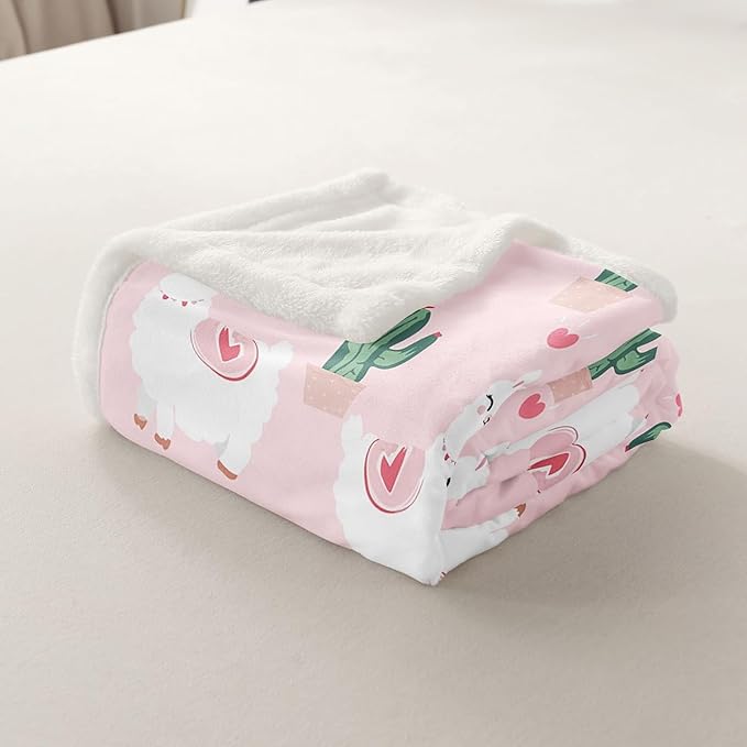 Sherpa Alpaca Blanket - Kids Cute Llama Fleece Throw for Sofa Couch Bed - Pink Bedroom Decor - South American Animal Fuzzy Blanket - Queen 90x90 Inch