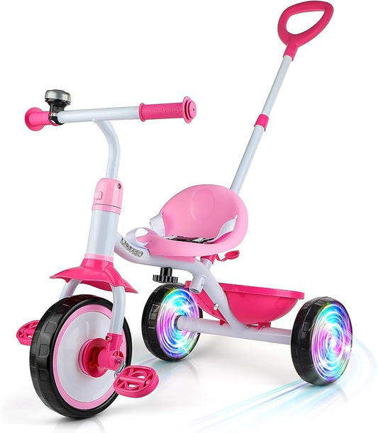 Liberry 2 in 1 Toddler Tricycle Age 2 3 4 Years Old, Kids Trike with Light Up Wheels, Adjustable Push Handle, 3 Wheel Bike Outdoor Indoor Riding Toy Gift for Girls Boys, Pink
