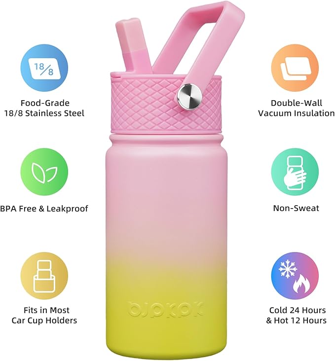 BJPKPK Insulated Water Bottle with Straw Lid, 15oz Cute Water Bottles, Stainless Steel Metal Thermo, Reusable BPA Free Leak Proof Tumblers, Cups,Tulips