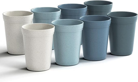 12 Oz Plastic Cups Reusable, Set of 8 Wheat Straw Drinking Cups, Microwave and Dishwasher Safe BPA Free Unbreakable Water Cups for Kitchen, Home, Office, and Outdoor Use