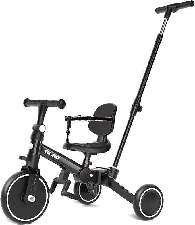 Glaf Toddler Bike Tricycle with Push Handle for 1-3 Years Old Baby Boys and Girls Kids Trike Balance Bike Birthday Toy with Removable Pedals Adjustable Seat Height and Backrest (Black)
