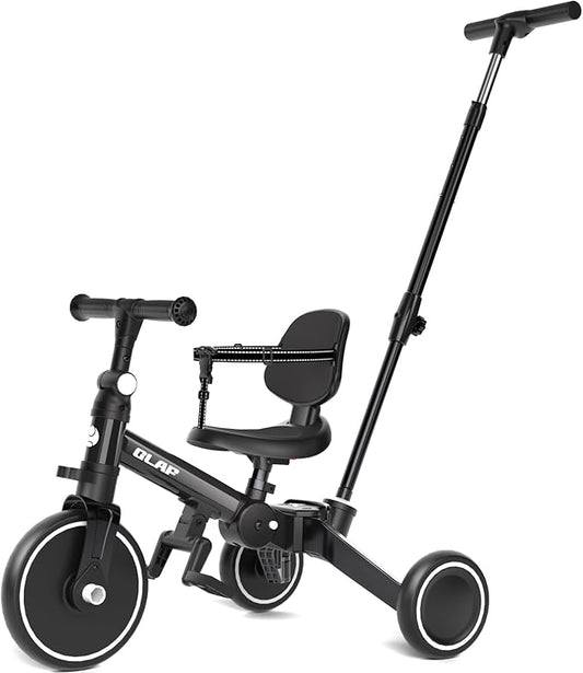 Glaf Toddler Bike Tricycle with Push Handle for 1-3 Years Old Baby Boys and Girls Kids Trike Balance Bike Birthday Toy with Removable Pedals Adjustable Seat Height and Backrest (Black)