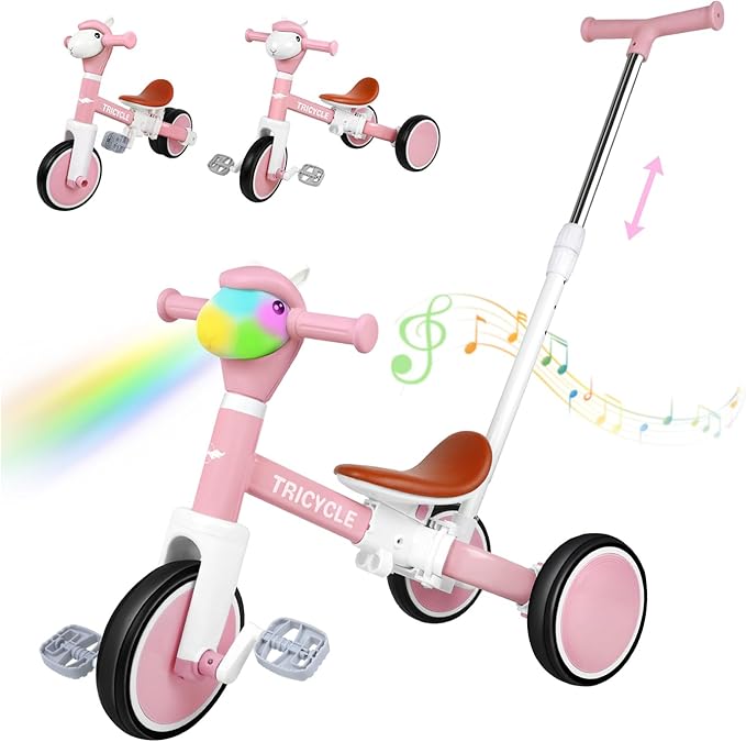 Tricycle for Toddlers 1-3 Year Olds, 5 in 1 Toddler Balance Bike 2-4 Years Old Boys Girls, Push Trike Toys with Adjustable Handle, Birthday Gifts for 2 3 4 5 Year Old Kids Bike (Pink)