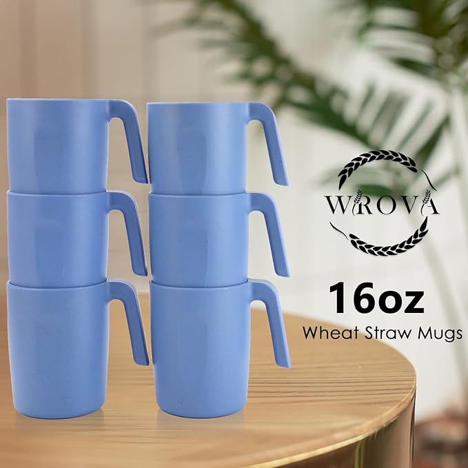 16oz Wheat Straw Cups with handles set of 6-Plastic Cups Reusable-Unbreakable Kids Mugs-Dishwasher Safe & Microwave Safe-Ideal Plastic Mugs for Tea,Coffee,Camping,RV-Sky Blue