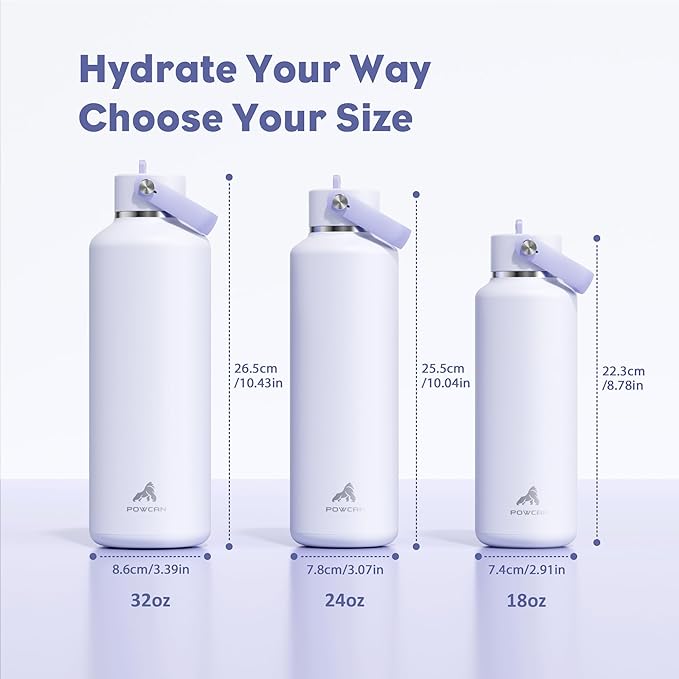 POWCAN 24 oz Slim Insulated Water Bottle: Leakproof, Lightweight, Cold for 24H, Double Walled Stainless Steel Water Bottle with Straw for Travel, Hiking, Biking, Sport, Outdoors (Lupine Haze)