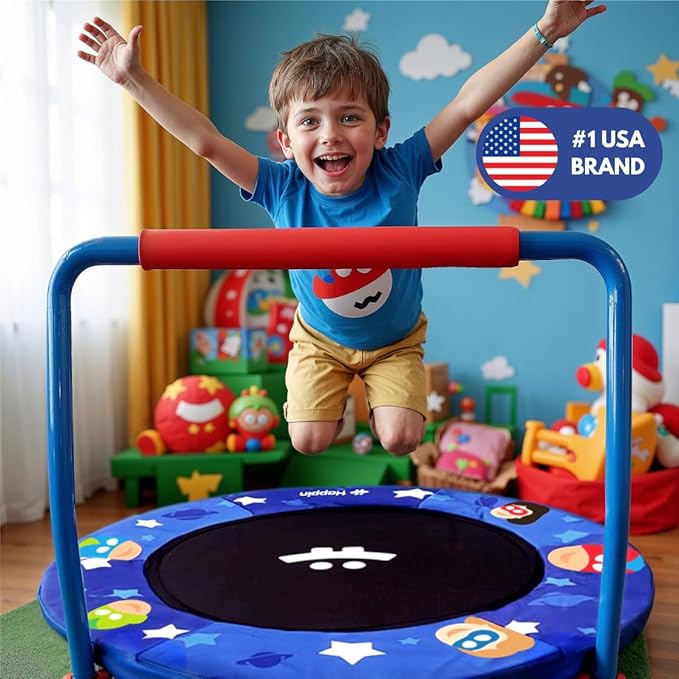 Happin® 36" Mini Foldable Toddler Trampoline for Kids with Height-Adjustable Handle, Noise-Free Kids Trampoline Indoor with Super Safety Pad & Durable Steel Frame, Indoor/Outdoor