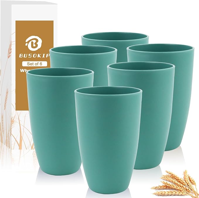 Wheat Straw Cup 20 OZ Large Drinking Glasses | Set of 6 Alternatives to Plastic Cups Reusable Unbreakable Drinking Cup Microwave and Dishwasher Safe Cups | Kitchen Water Glasses - Gree