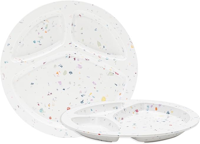 Bzyoo 9-Inch Melamine Divided Plates – 3-Section Portion Control Plates, Food Safe & Durable, Lightweight & Unbreakable, Reusable Tableware for Kids, Big Kids & Everyday Meals, Confetti White