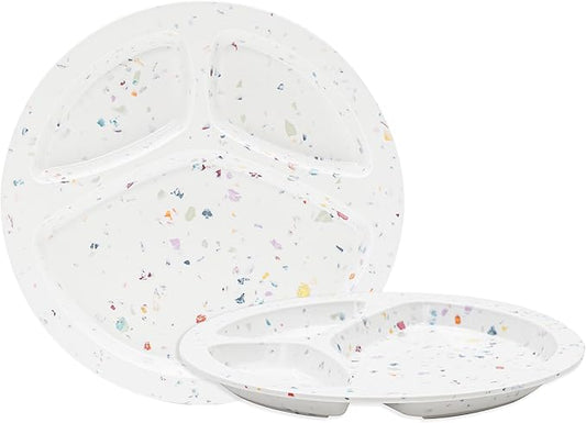 Bzyoo 9-Inch Melamine Divided Plates – 3-Section Portion Control Plates, Food Safe & Durable, Lightweight & Unbreakable, Reusable Tableware for Kids, Big Kids & Everyday Meals, Confetti White