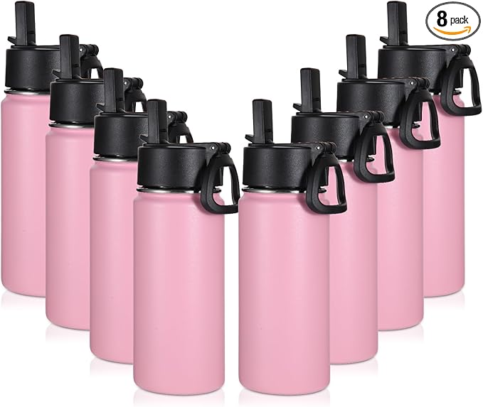 Volhoply 16 OZ Kids Water Bottle Bulk 8 Pack,Insulated Sports Bottles with Straw Lid,Stainless Steel Bottle with Handle Keep Cold & Hot,Double Wall Vacuum Tumbler Cups for School,Girls(Pink, 8)