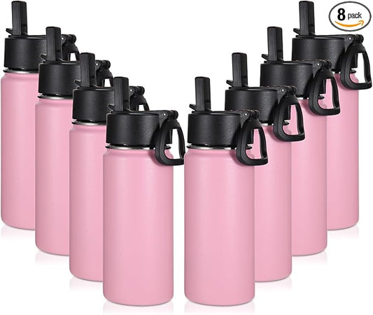Volhoply 16 OZ Kids Water Bottle Bulk 8 Pack,Insulated Sports Bottles with Straw Lid,Stainless Steel Bottle with Handle Keep Cold & Hot,Double Wall Vacuum Tumbler Cups for School,Girls(Pink, 8)