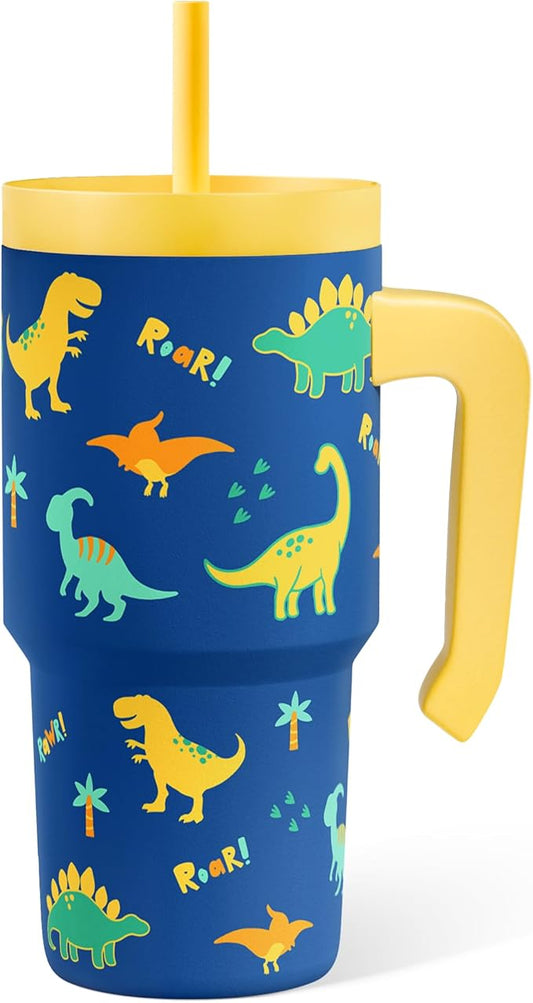 Dinosaur Tumbler 20oz with Handle and Silicone Straw Lid for Kid, Insulated Stainless Steel Cup, Gift for Kids Boys, Gifts Idea for Birthday Christmas Back to School