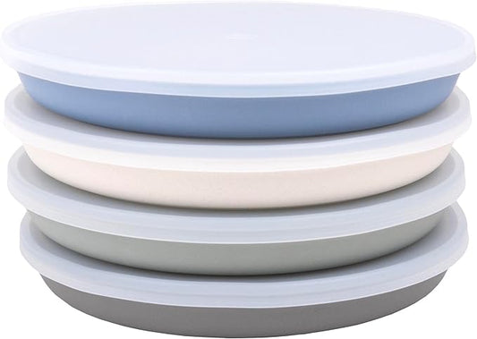 WeeSprout Bamboo Plates with Silicone Lids, Set of 4, Kid-Sized Dinnerware, Cereal, Leftovers & Snacks, Dishwasher Safe Melamine Dishware (Blue, Green, Gray, & Beige)