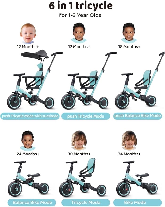 newyoo Tricycle for Toddlers 1-3, Toddler Bike, Birthday Gift and Toys for Girl and Boy, Push Trike with Handle and Canopy, 6 in 1 Baby Trike, Balance Bike, TR009, Blue