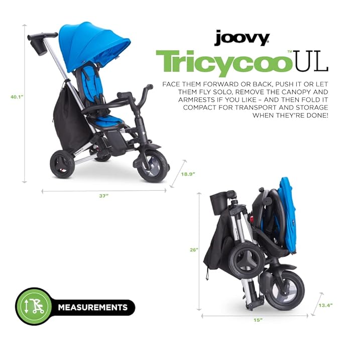 Joovy Tricycoo UL Kids Tricycle with 8 Stages Featuring 3 Rubber Tires, Removable and Adjustable Parent Handle, Safety Harness, 3-Position Recline Seat, and Retractable Canopy, Blueness