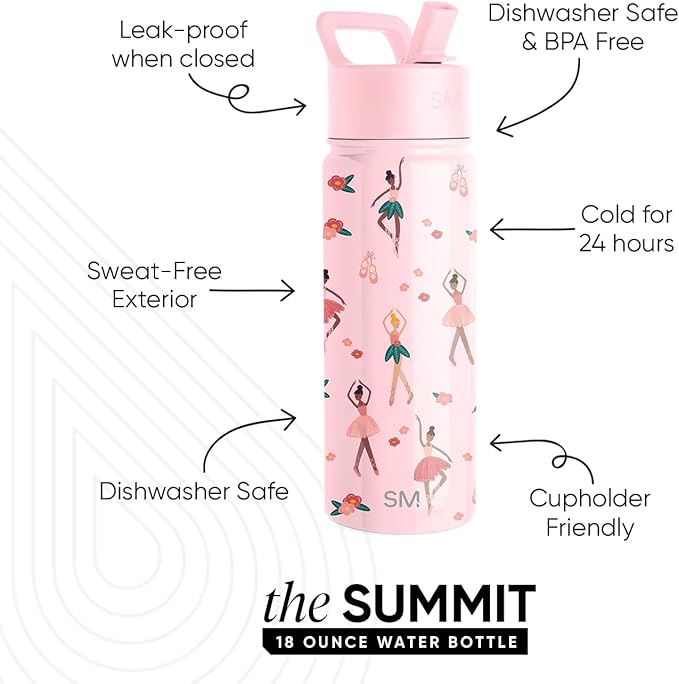 Simple Modern Kids Summit Water Bottle with Straw Lid | 18oz Stainless Steel Cup Insulated Tumbler for Toddlers, School | Pink Ballerina