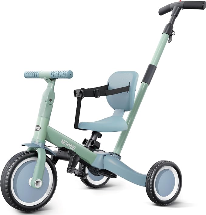 newyoo Toddler Tricycle with Push Handle for 1-3 Year Old, Toddler Bike, Birthday Gifts and Toys for Boys and Girls, 5 in 1 Kids Trike, Convert to Baby Balance Bike, Green, TR007