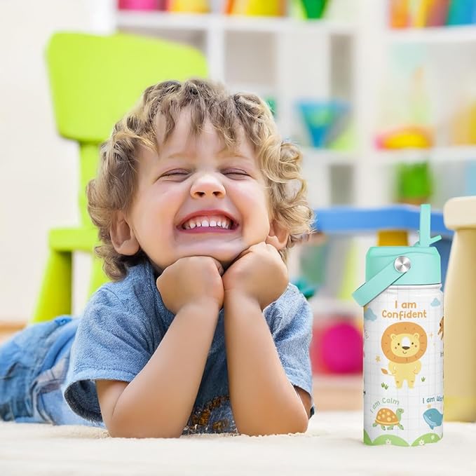 Animal Water Bottle 12oz for Kid Stainless Steel with Straw Lid, Kids Water Bottle, Travel Tumbler, Inspiration Gifts for Girls Boys, Birthday Christmas Back To School