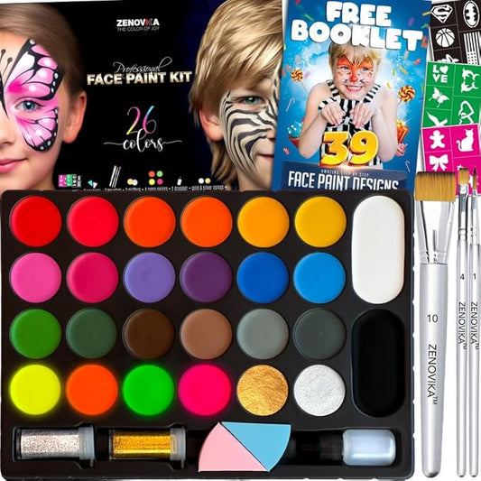 Face Painting Kit for Kids - 26 Colors Face Paint Kit, Non-Toxic and Hypoallergenic, Stencils, Book, and Professional Halloween Makeup Kit - Safe and Easy to Use Face Paint Kit for Kids
