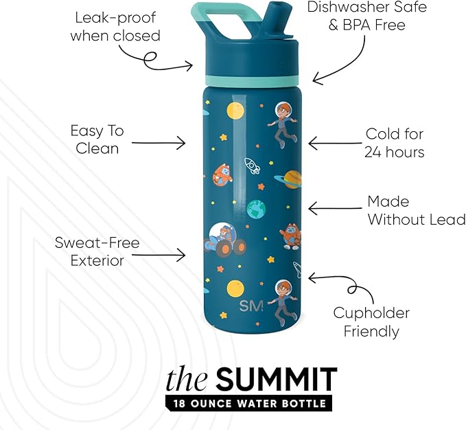 Simple Modern Kids Summit Water Bottle with Straw Lid | Blippi 18oz Stainless Steel Cup Insulated Tumbler for Boys, Girls, School | Blippi Space